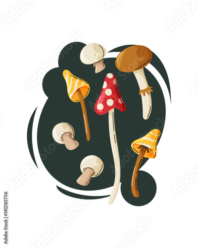 Wallpaper Mural Cartoon vector illustration of vibrant mushrooms on a dark abstract background. Bright, playful, and perfect for food or farm-themed designs. Torontodigital.ca