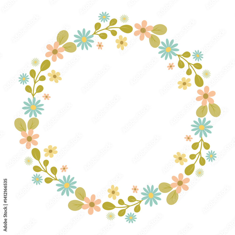 Circular floral Wreath with leaves and flowers. Drawing of round frame for childish greeting cards, wedding invitations. Botanical Wreath for cards, designs, invitations, logos Circular floral Wreath with leaves and flowers. Drawing of round frame for childish greeting cards, wedding invitations. Botanical Wreath for cards, designs, invitations, logos