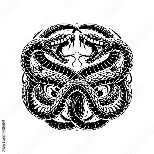 Intricate illustration of two intertwined snakes in a symmetrical design