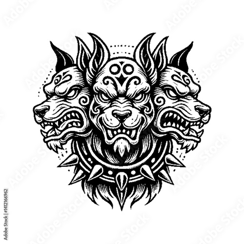 Intricate black and white illustration of a three-headed dog with tribal elements
