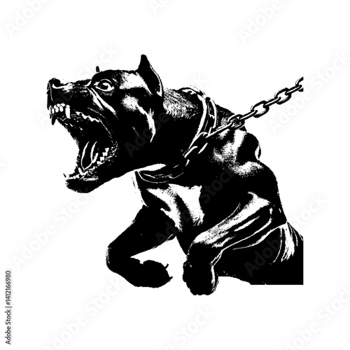 Fierce black dog on a chain, showcasing aggression and power
