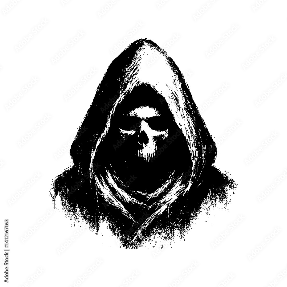 Abstract monochrome representation of a cloaked figure conveying mystery and intrigue
