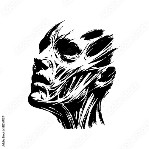 Abstract representation of a human head showcasing intricate muscle textures in monochrome.