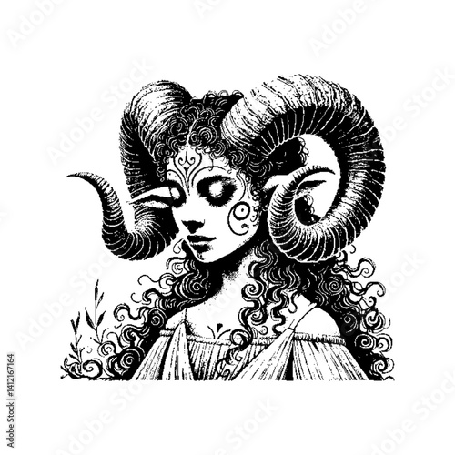 Elegant figure with ram horns, intricate curls, and decorative patterns in a surreal style