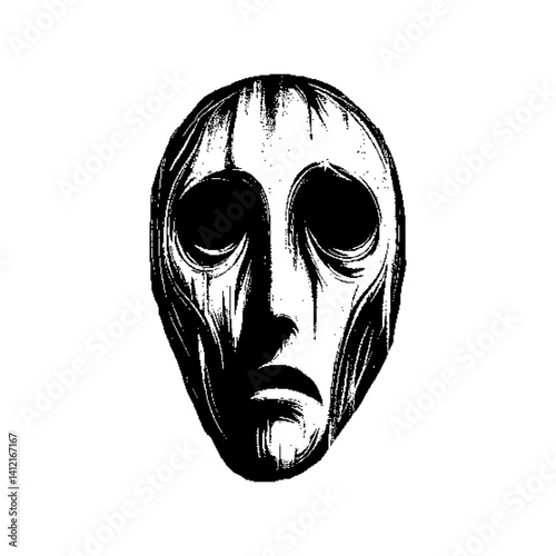 Abstract black and white mask with a somber expression showcasing surreal artistic techniques