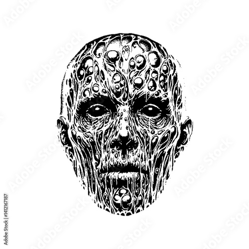 Monochromatic abstract portrait with futuristic, glitch, and surreal elements
