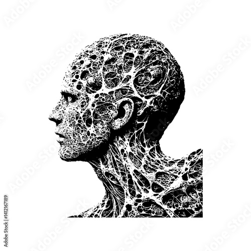 Surreal human head created with intricate textures and organic forms