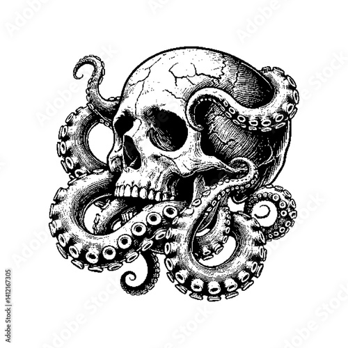 Intricate illustration of a skull entwined with an octopus in a vintage style