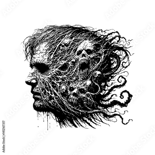 Intricate monochrome illustration of a human face merging with surreal elements