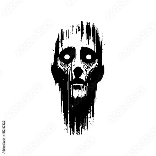 Monochromatic face silhouette with abstract, shadowy elements and eerie features