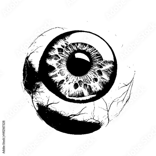 A stylized illustration of a detailed eye surrounded by organic textures