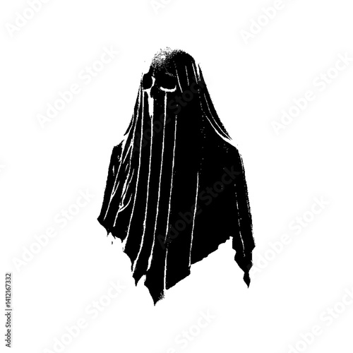 Dark, mysterious figure draped in flowing black fabric, evoking surrealism and gothic aesthetics