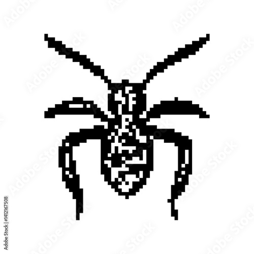 Black pixel art depiction of a stylized insect showcasing symmetry and bold outlines