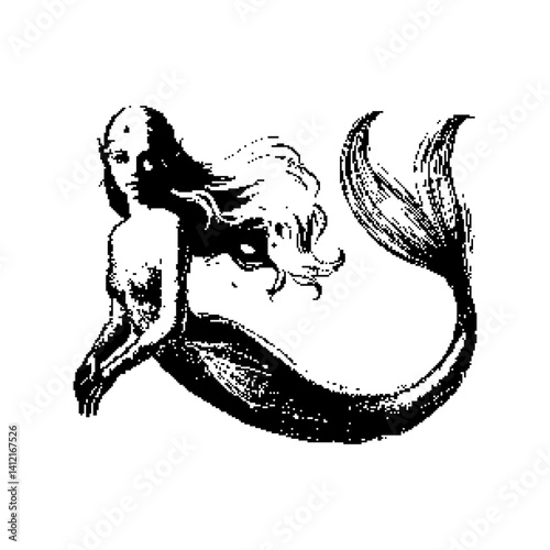 Black and white illustration of a mermaid with flowing hair and a detailed tail