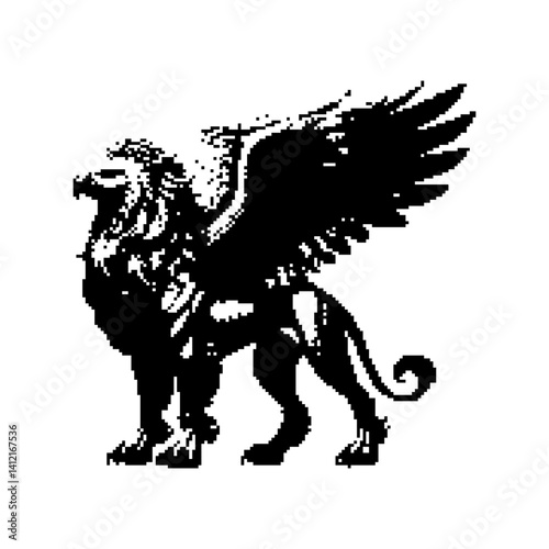 Black silhouette of a winged lion with intricate detailing showcases gothic artistry.