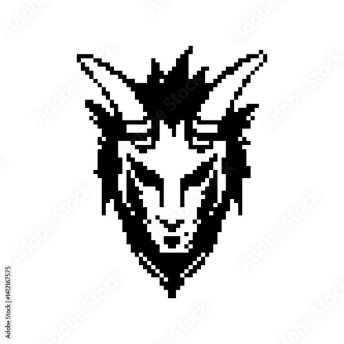 Pixel art depicting a stylized goat's head with sharp features and horns