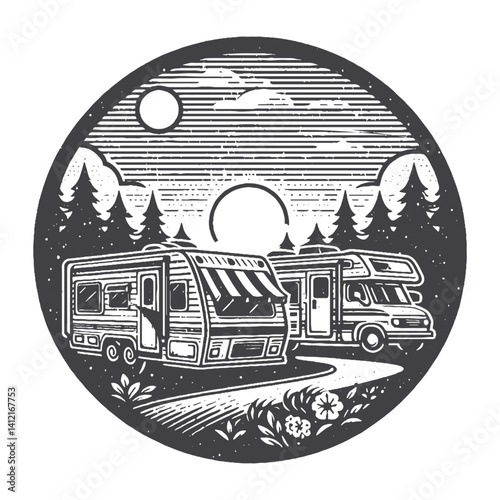 Simple Campground with RVs Parked Vector Design – Vintage Logo & Retro Illustration