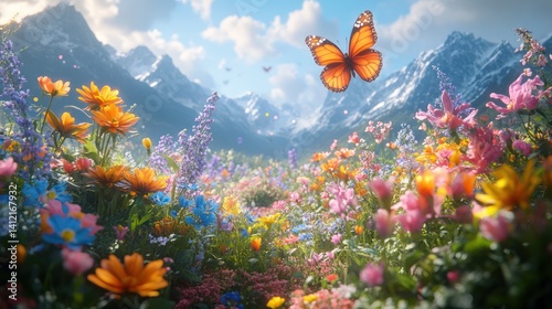 Fototapeta Naklejka Na Ścianę i Meble -  Beautiful vibrant floral landscape with butterflies