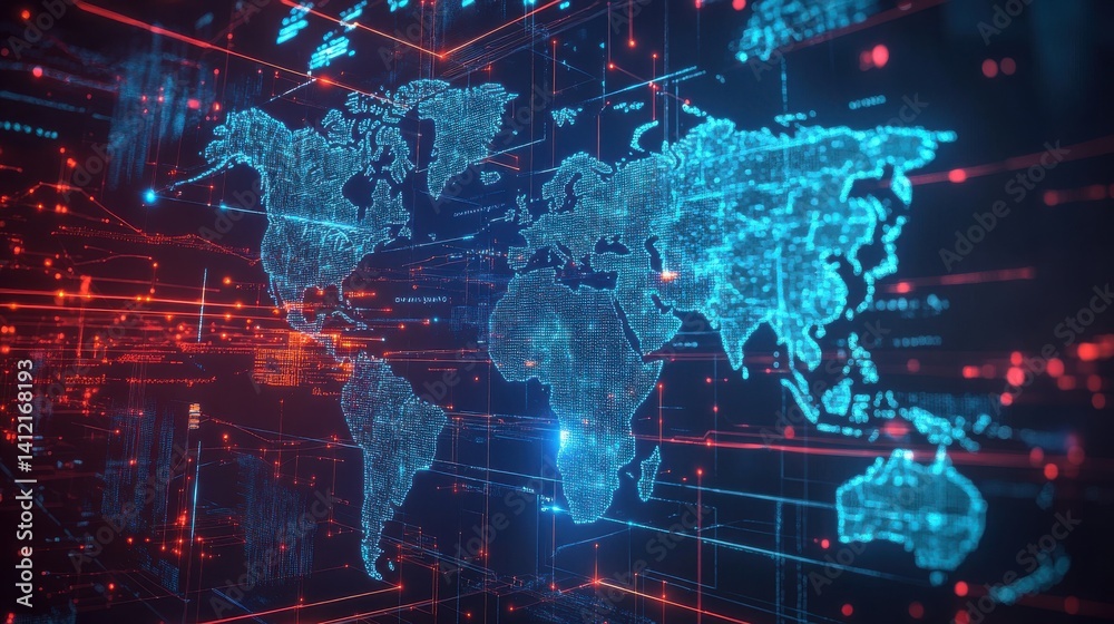 Obraz premium World Map with Turquoise and Red Digital Network