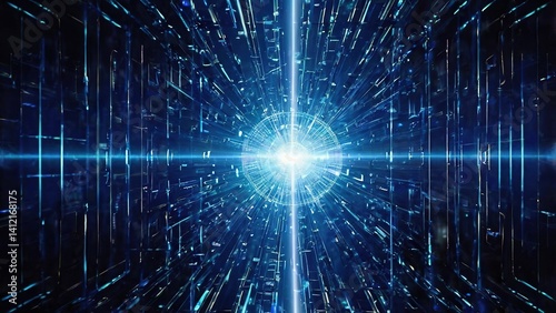 Blue digital backdrop with fractal light rays and a futuristic space pattern
