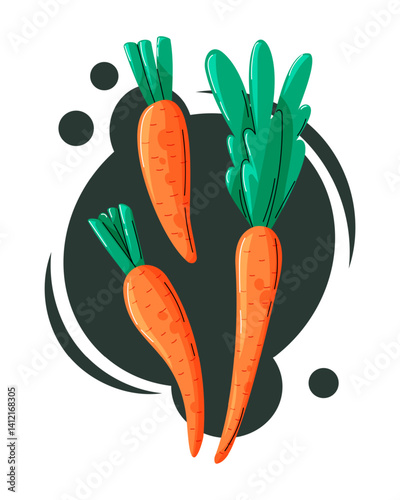 Cartoon vector illustration of vibrant carrots with green tops on a dark abstract background. Bright, playful, and perfect for food or farm-themed designs.