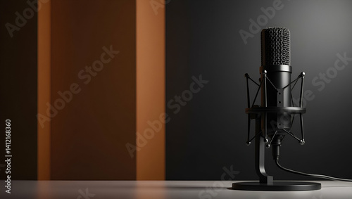 Construct a detailed photo stock scenario featuring a premium podcast microphone setup that emphasizes clarity robust audio capture and elegant design in  Photo Stock  Concept  and empty space on the  photo