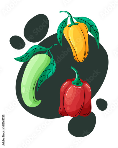 Wallpaper Mural Cartoon vector illustration of vibrant bell peppers with green tops on a dark abstract background. Bright, playful, and perfect for food or farm-themed designs. Torontodigital.ca