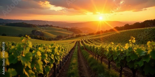 Golden hour light bathes rolling Bordeaux vineyards at sunset , wine country, agriculture