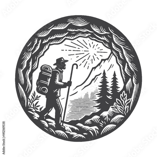 Simple Explorer Entering Cave Vector Design – Vintage Logo & Retro Illustration