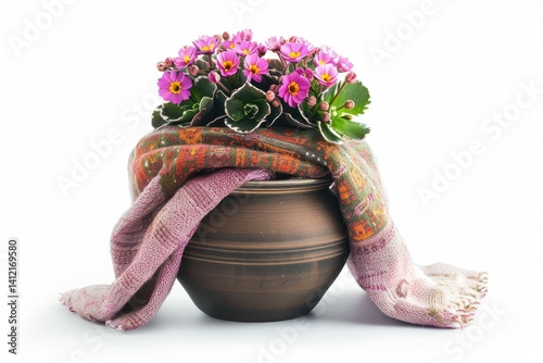 Elegant pot of vibrant flowers adorned with a patterned shawl on a clean white surface isolated on transparent background