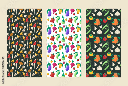 Wallpaper Mural Cartoon vector seamless patterns of vibrant vegetables. Bright, playful, and perfect for food or farm-themed designs. Torontodigital.ca