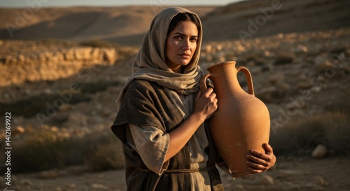 Woman holding ceramic jar with desert landscape background. Samaritan woman from bible times concept for religion themed greeting card and scripture study visual aid.	