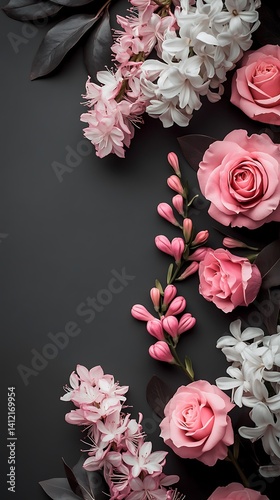 Elegant Floral Arrangement Phone Wallpaper  Pink Roses White Lilacs & Dark Green Leaves | HD Mobile Background