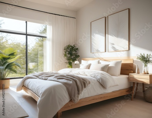 A serene modern bedroom with natural light, cozy decor, and a touch of greenery.
