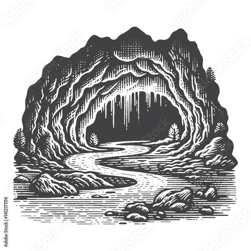 Simple Cave with Underground River Vector Design – Vintage Logo & Retro Illustration