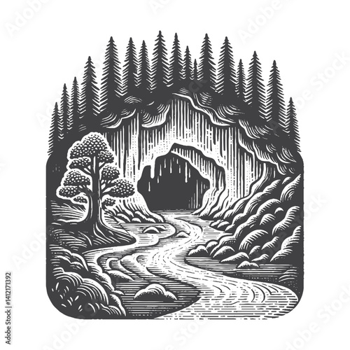 Simple Cave with Underground River Vector Design – Vintage Logo & Retro Illustration