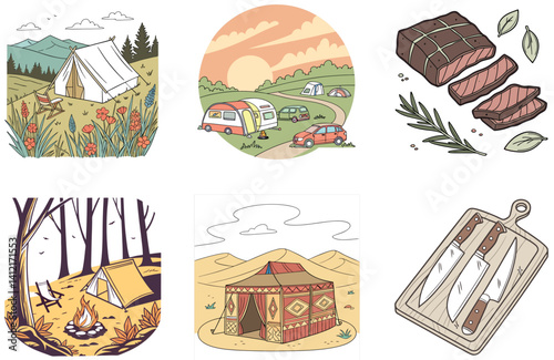 Camping Bundle. Nightlife Outdoor Beer Collection Illustrations