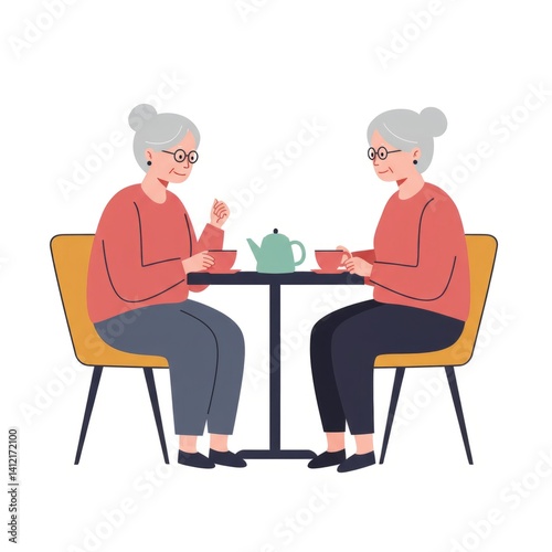 Two elderly woman drinking tea at round table, cheerful conversation, tea party illustration for print, social media, poster, greeting card or banner, happy pastime concept.