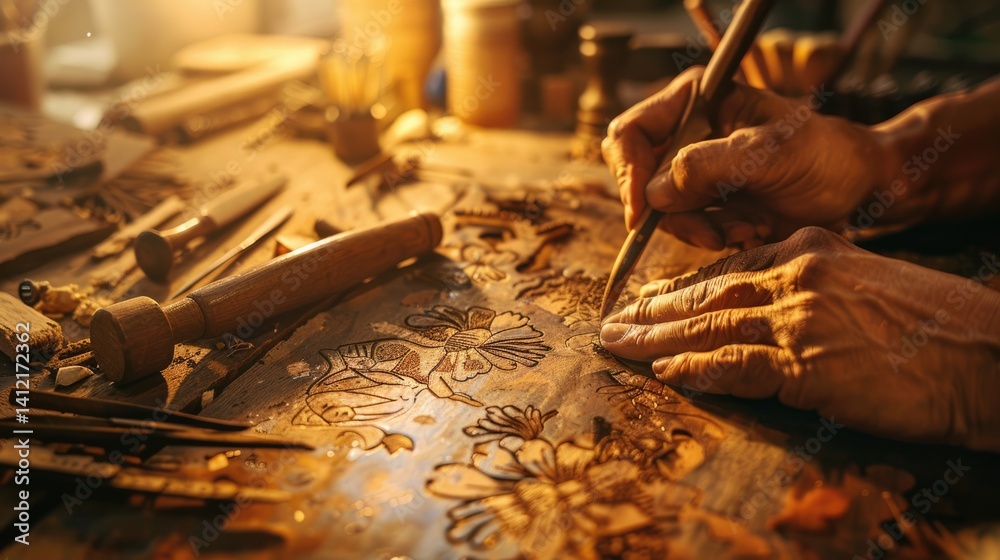 Obraz premium The skillful artist carve wooden board with various of seamless pattern lines style by artistic tools. Professional artisan focusing to craft elegant and beautiful relief art on wood texture . AIG61.