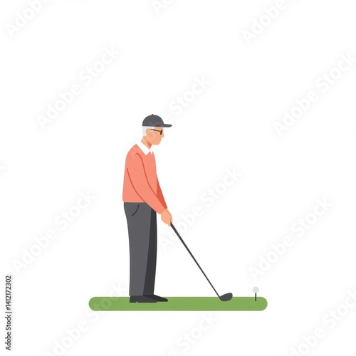 Old man playing golf on the green near the hole with a flag. Sports competition concept illustration for golfing event, retirement activity, or active seniors lifestyle.