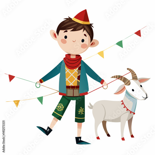 A cheerful boy leads his goat, adorned in festive attire and celebrating a joyful occasion with colorful bunting.
