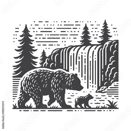 Simple Bear Standing Near Waterfall Vector Design – Vintage Logo & Retro Illustration