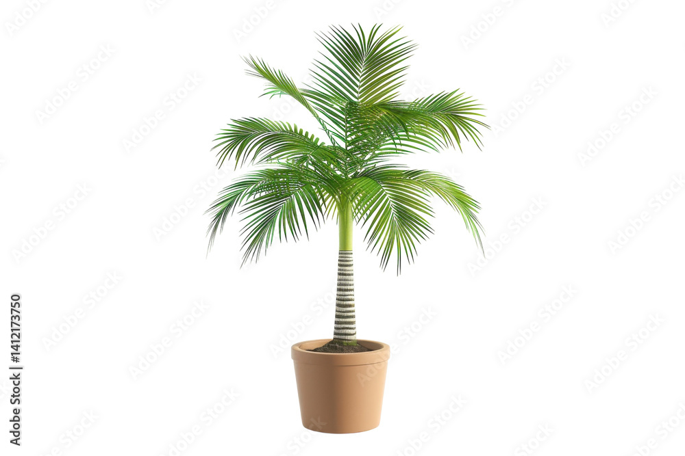 Obraz premium Lush palm plant thriving in a terracotta pot against a minimalist backdrop of soft light isolated on transparent background