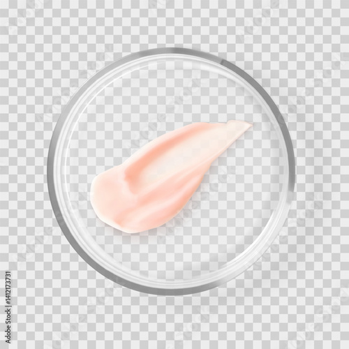 Pink lip balm stroke swatch realistic cosmetic smear in petri dish isolated vector illustration. Concept cosmetic skincare laboratory tests and research. Skin care beauty product texture