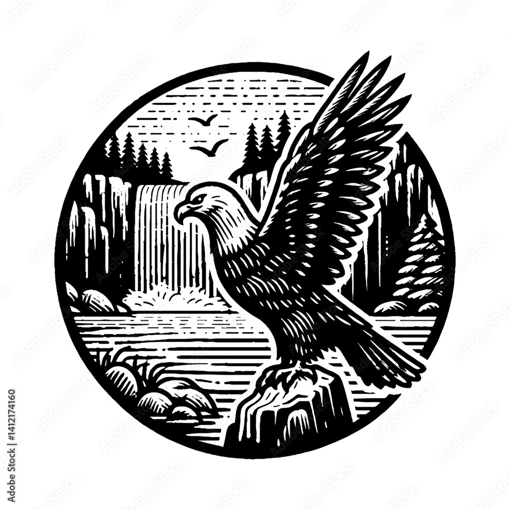 Obraz premium Simple Golden Eagle Perched on Stone River Vector Design – Vintage Logo & Retro Illustration