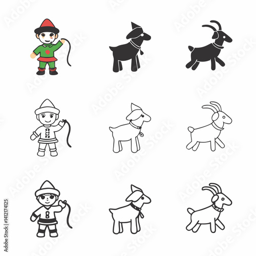 A playful boy leading his goats, a charming set of illustrations with simple line art and varying color schemes.