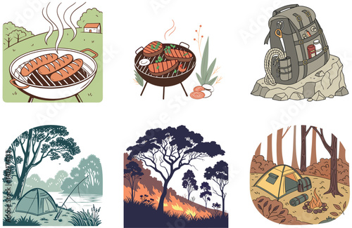 Camping Bundle. Young Traveler Hiking Adventure Collection Illustrations