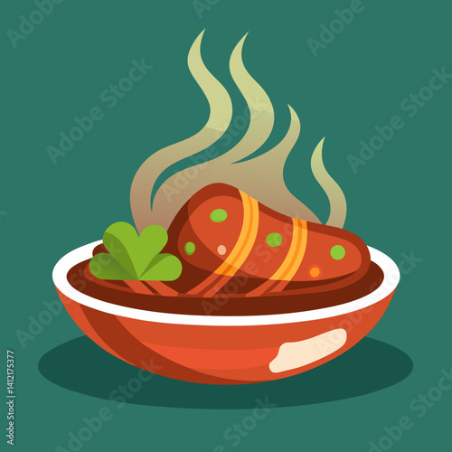A steaming, savory meat dish in a rustic bowl, a hearty and comforting meal ready to be enjoyed, with simple flat design and warm colors.