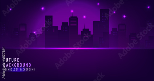 Futuristic cityscape with glowing purple lights, modern skyscrapers, and starry night sky, creating vibrant and technological atmosphere. digital technology background