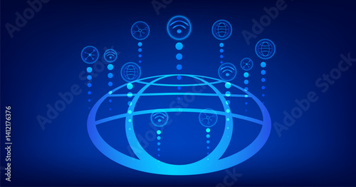 glowing blue digital illustration of global network concept, featuring stylized globe with interconnected icons representing wireless communication, data sharing digital technology background